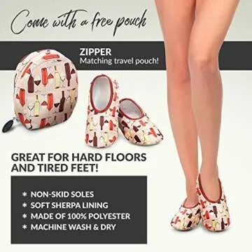 Snoozies Skinnies Slipper Socks & Travel Pouch – Non Slip Socks, Foldable Slippers for Women with Travel Pouch - Wine - Large
