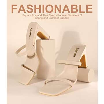 Leevar Square Toe Heels Sandals - Nude Heels Chunky Two Strap Low Heels for Women Leather Mule Sanda...