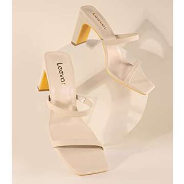Leevar Square Toe Heels Sandals - Nude Heels Chunky Two Strap Low Heels for Women Leather Mule Sandals Slip On Block Heels for Party Dating Daily Standard Size 2.75 Inch