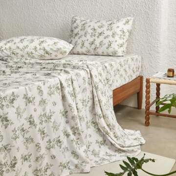 Wake In Cloud - Shabby Chic Bed Sheets, 4-Piece Sheet Set, Floral Botanical Coquette Cottagecore Vintage Flower, Soft Microfiber Deep Pocket Bedding, Sage Green, Full Size