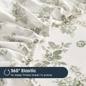 Wake In Cloud - Shabby Chic Bed Sheets, 4-Piece Sheet Set, Floral Botanical Coquette Cottagecore Vintage Flower, Soft Microfiber Deep Pocket Bedding, Sage Green, Full Size