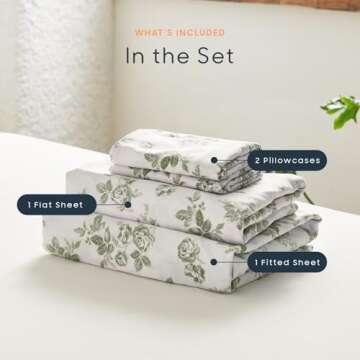 Wake In Cloud - Shabby Chic Bed Sheets, 4-Piece Sheet Set, Floral Botanical Coquette Cottagecore Vintage Flower, Soft Microfiber Deep Pocket Bedding, Sage Green, Full Size