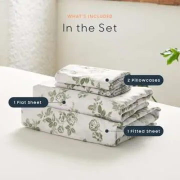 Wake In Cloud - Shabby Chic Bed Sheets, 4-Piece Sheet Set, Floral Botanical Coquette Cottagecore Vintage Flower, Soft Microfiber Deep Pocket Bedding, Sage Green, Full Size