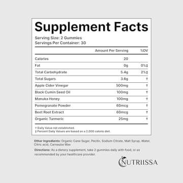 Nutriissa - Apple Cider Vinegar + Black Seed Oil + Elder Berry + Manuka Honey Gummies – Cold-Pressed Cumin Seed Nigella Sativa – EPEB Certified for Purity & Potency – 60 Orange Flavored Gummies