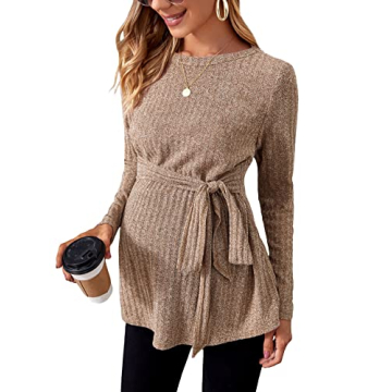 MakeMeChic Women's Maternity Casual Long Sleeve Tie Front Shirt