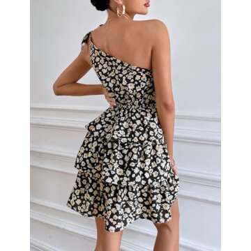PRETTYGARDEN Women's Summer Tie One Shoulder Boho Floral Dress Elastic Waist Tiered Ruffle A Line Flowy Mini Dresses (Black Apricot,Medium)