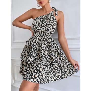 PRETTYGARDEN Women's Summer Tie One Shoulder Boho Floral Dress Elastic Waist Tiered Ruffle A Line Flowy Mini Dresses (Black Apricot,Medium)