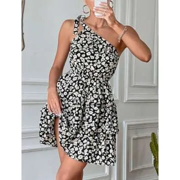 PRETTYGARDEN Women's Summer Tie One Shoulder Boho Floral Dress Elastic Waist Tiered Ruffle A Line Flowy Mini Dresses (Black Apricot,Medium)