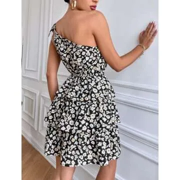 PRETTYGARDEN Women's Summer Tie One Shoulder Boho Floral Dress Elastic Waist Tiered Ruffle A Line Flowy Mini Dresses (Black Apricot,Medium)