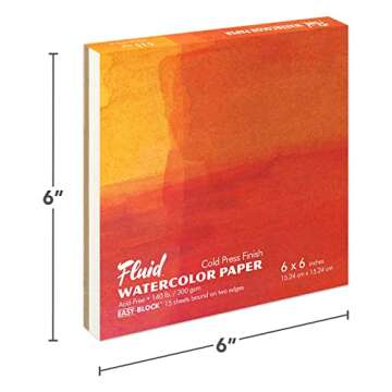 Fluid Cold Press Watercolor Block, 140lb (300 GSM), 6x6 Inch - Professional Quality Paper for Creati...