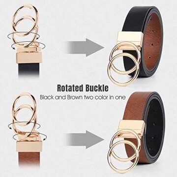 JASGOOD Women Leather Belt, Reversible Belt, Leather Waist Belt for Jeans Dress with Gold Double O Ring Rotate Buckl
