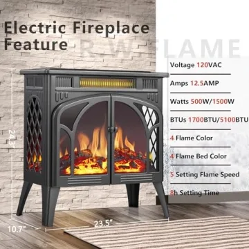 R.W.FLAME Electric Fireplace Heater Remote Adjustable Brightness Heat