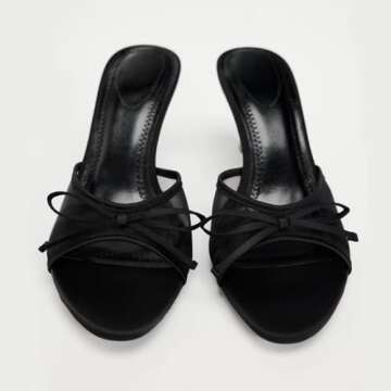 UFEDO Womens Kitten Heels Bow Mesh Sandals Round Open Toe Slip On Low Slide Heeled Sandals for Daily Party Wedding Dress Shoes Black Size 42