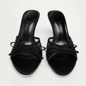 UFEDO Womens Kitten Heels Bow Mesh Sandals Round Open Toe Slip On Low Slide Heeled Sandals for Daily Party Wedding Dress Shoes Black Size 42