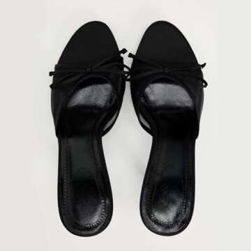 UFEDO Womens Kitten Heels Bow Mesh Sandals Round Open Toe Slip On Low Slide Heeled Sandals for Daily Party Wedding Dress Shoes Black Size 42