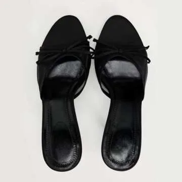 UFEDO Womens Kitten Heels Bow Mesh Sandals Round Open Toe Slip On Low Slide Heeled Sandals for Daily Party Wedding Dress Shoes Black Size 42