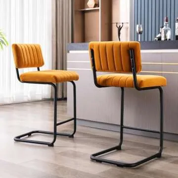 ONEVOG 24'' Orange Counter Height Stools with Tufted Backs, Modern Velvet Fabric Kitchen Stools Chairs, Mid Century Cantilever Armless Bar Stools for Kitchen Island, Metal Kitchen Chairs Set of 2