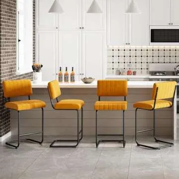 ONEVOG 24'' Orange Counter Height Stools with Tufted Backs, Modern Velvet Fabric Kitchen Stools Chairs, Mid Century Cantilever Armless Bar Stools for Kitchen Island, Metal Kitchen Chairs Set of 2