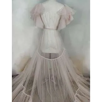 Nazapher Women’s Long Wedding Dress Robe Scarf Perspective tulle Lingerie Puffy Nightgown Champagne, X-Large