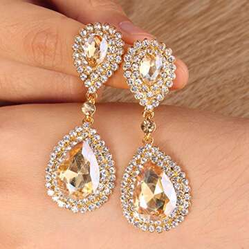 BriLove Gold-Toned Dangle Earrings for Women Wedding Bridal Fashion Crystal Teardrop Infinity Earrings Champagne.
