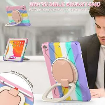 BATYUE for iPad 9th/ 8th/ 7th Generation Case (iPad 10.2 inch Rugged Case 2021/2020/2019) with Screen Protector, Rotating Stand/Pencil Holder/Carrying Shoulder Strap (Colourful Pink)