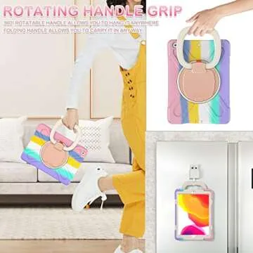 BATYUE for iPad 9th/ 8th/ 7th Generation Case (iPad 10.2 inch Rugged Case 2021/2020/2019) with Screen Protector, Rotating Stand/Pencil Holder/Carrying Shoulder Strap (Colourful Pink)