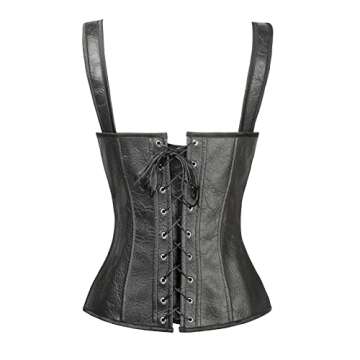 Charmian Women's Renaissance Steampunk Vintage Lace Up Faux leather Boned Bustier Corset with Garters Black/Faux Leather Medium