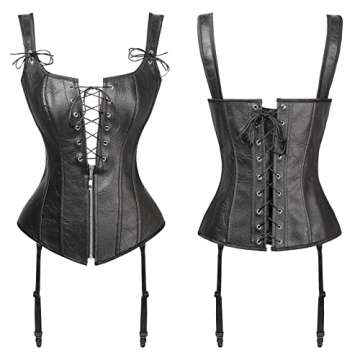 Charmian Women's Renaissance Steampunk Vintage Lace Up Faux leather Boned Bustier Corset with Garters Black/Faux Leather Medium