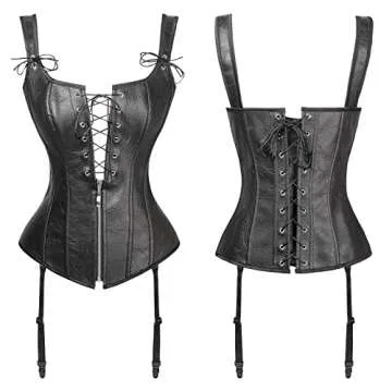 Charmian Women's Renaissance Steampunk Vintage Lace Up Faux leather Boned Bustier Corset with Garters Black/Faux Leather Medium