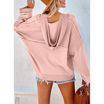 Dokotoo Hooded Sweatshirts for Women Loose Fit Hoodies Casual V Neck Button Up Fall Crop Pullover Sweatshirt Fall Outfits for Women 2024 Pink Medium