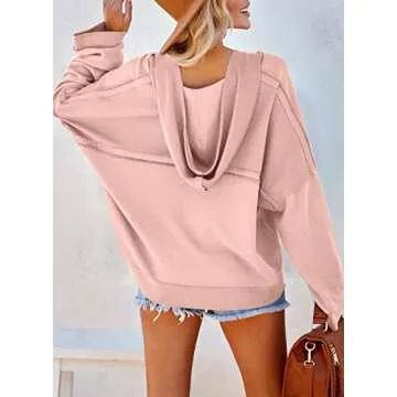 Dokotoo Hooded Sweatshirts for Women Loose Fit Hoodies Casual V Neck Button Up Fall Crop Pullover Sweatshirt Fall Outfits for Women 2024 Pink Medium