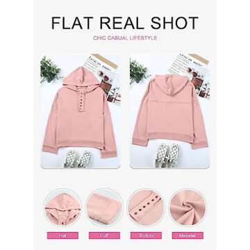 Dokotoo Hooded Sweatshirts for Women Loose Fit Hoodies Casual V Neck Button Up Fall Crop Pullover Sweatshirt Fall Outfits for Women 2024 Pink Medium