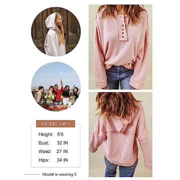 Dokotoo Hooded Sweatshirts for Women Loose Fit Hoodies Casual V Neck Button Up Fall Crop Pullover Sweatshirt Fall Outfits for Women 2024 Pink Medium
