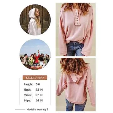 Dokotoo Hooded Sweatshirts for Women Loose Fit Hoodies Casual V Neck Button Up Fall Crop Pullover Sweatshirt Fall Outfits for Women 2024 Pink Medium
