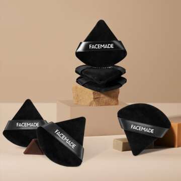 FACEMADE 6 Pieces Face Powder Puff with a Travel Case, Soft Makeup Puff with a Container, Triangle Velour Makeup Sponge for Loose Powder Body Powder, Beauty Makeup Tools, Black