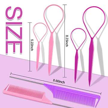 TsMADDTs Hair Loop Tool Set, 6Pack with 2Pairs French Braid Tool Loop 2Pcs Rat Tail Comb for Hair St...
