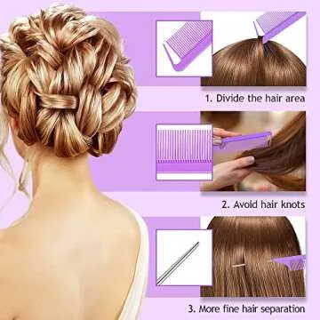 TsMADDTs Hair Loop Tool Set, 6Pack with 2Pairs French Braid Tool Loop 2Pcs Rat Tail Comb for Hair Styling, Purple&Pink