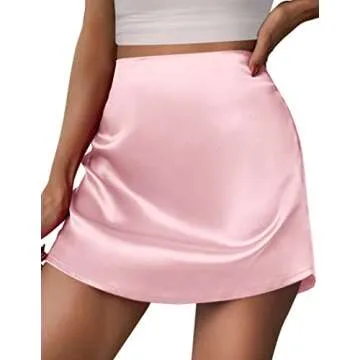 Zeagoo Short Skirts for Women Pink Mini Skirts Solid A Line High Waisted Stain Skirts Summer Beach Flowy Skirts,Pink Large