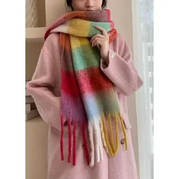 Wander Agio Winter Women Warm Scarf Long Shawl Large Scarves Cold Weather Thick Blanket Scarfs Colorful Plaid Yellow Green Red 26