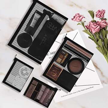 EASYFUN Mesh Pouch, Make up Bag with Zipper Cosmetic Organizer Pouch for Daily or Travel to Keep Small Items, 4 PCS Black