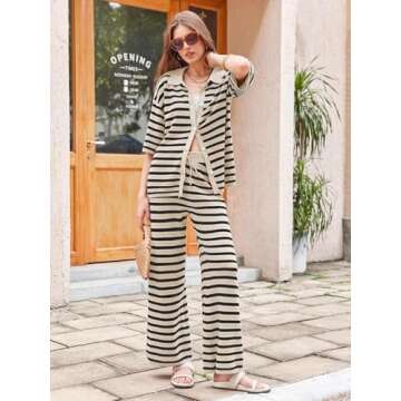 Tankaneo Womens Knit 2 Piece Lounge Sets Striped Short Sleeve Tops and Wide Leg Pants Travel Airport Vacation Outfits Apricot