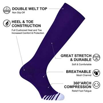 FITRELL 2 Pack Baseball Soccer Softball Socks for Kids Youth Men & Women Over-the-Calf Knee High Socks Sports Tube Socks, nfl, Purple, Medium