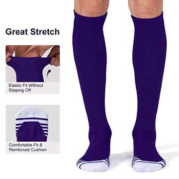 FITRELL 2 Pack Baseball Soccer Softball Socks for Kids Youth Men & Women Over-the-Calf Knee High Socks Sports Tube Socks, nfl, Purple, Medium