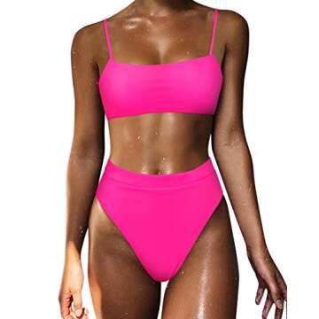MOSHENGQI Women's High Wasited Shoulder Strap 2 Piece Cut String Swimsuit, 33 Hot Pink, Medium