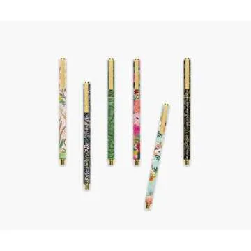 RIFLE PAPER CO. Juliet Rose Writing Pen, 5.375" L, 0.5 mm Rollerball Tip, Stainless Steel Body with Brass Accents, Office and School Supplies for Stationery, Notes, and Art