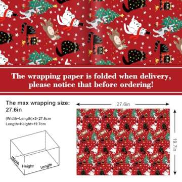JarThenaAMCS Christmas Cat Wrapping Paper Red Pink Blue Pet Gift Wrap Paper Bulk Folded Flat Cute Ca...