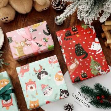 JarThenaAMCS Christmas Cat Wrapping Paper Red Pink Blue Pet Gift Wrap Paper Bulk Folded Flat Cute Cartoon Art Paper for Birthday Baby Shower DIY Crafts, 9 Sheet, 19.7 x 27.6 Inch