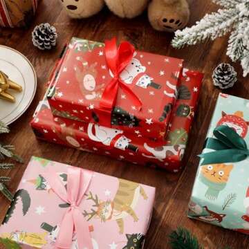 JarThenaAMCS Christmas Cat Wrapping Paper Red Pink Blue Pet Gift Wrap Paper Bulk Folded Flat Cute Cartoon Art Paper for Birthday Baby Shower DIY Crafts, 9 Sheet, 19.7 x 27.6 Inch