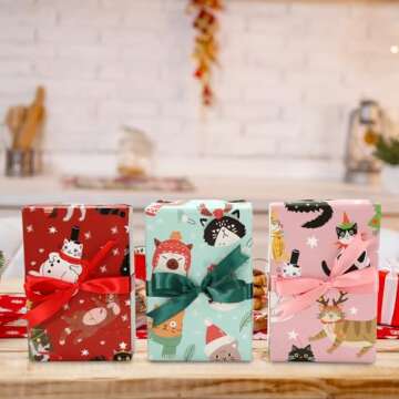 JarThenaAMCS Christmas Cat Wrapping Paper Red Pink Blue Pet Gift Wrap Paper Bulk Folded Flat Cute Cartoon Art Paper for Birthday Baby Shower DIY Crafts, 9 Sheet, 19.7 x 27.6 Inch