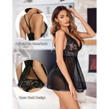 Avidlove Women V-neck Lace Babydoll Mesh Chemise Sleepwear Sexy Open Back Lingerie Black Small